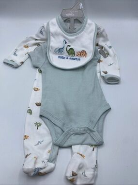 Le Top Bebe Dinosaur Bodysuit Pant Bib Outfit 3PC Set 0-3 Months Cute A Saurus